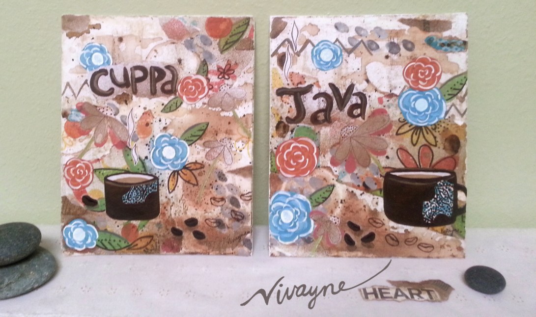 mixed media, acrylics, Vivayne,coffee art in studio, distressed, upcycle