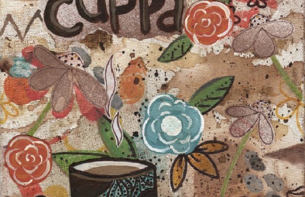 mixed media, acrylics, Vivayne,coffee art in studio, distressed, upcycle